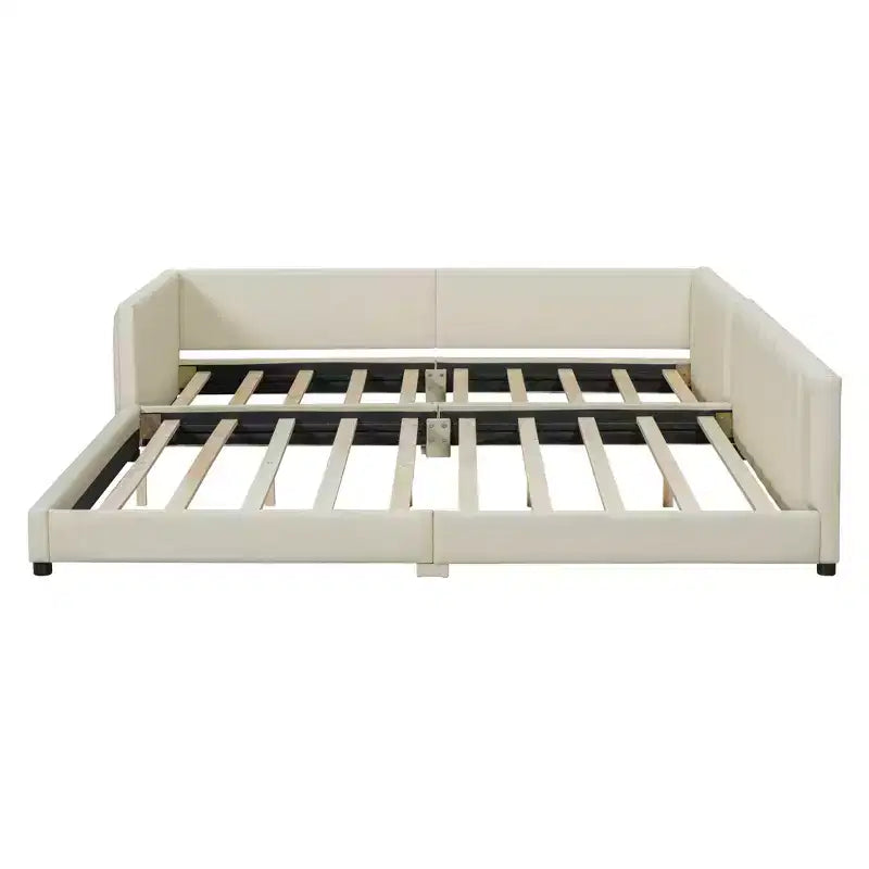 Wooden Mother & Child Bed Frame Queen and Twin XL Size Daybed, PU Leather Upholstered Grounded Platform Bed