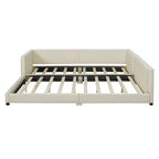 Wooden Mother & Child Bed Frame Queen and Twin XL Size Daybed, PU Leather Upholstered Grounded Platform Bed