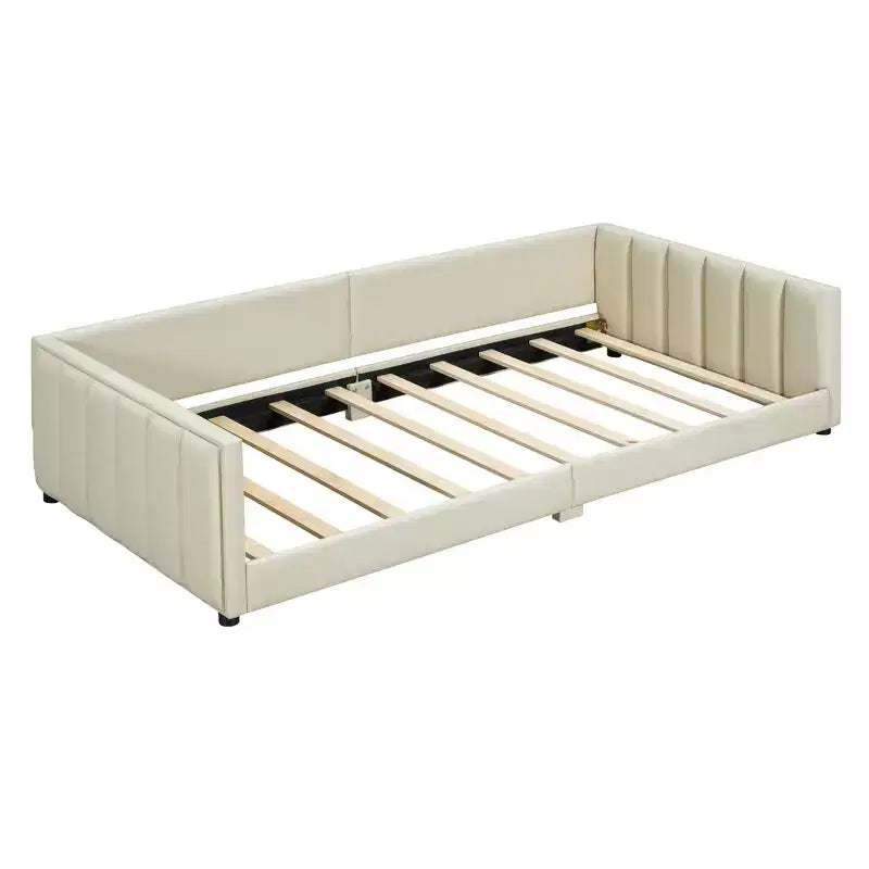 Wooden Mother & Child Bed Frame Queen and Twin XL Size Daybed, PU Leather Upholstered Grounded Platform Bed