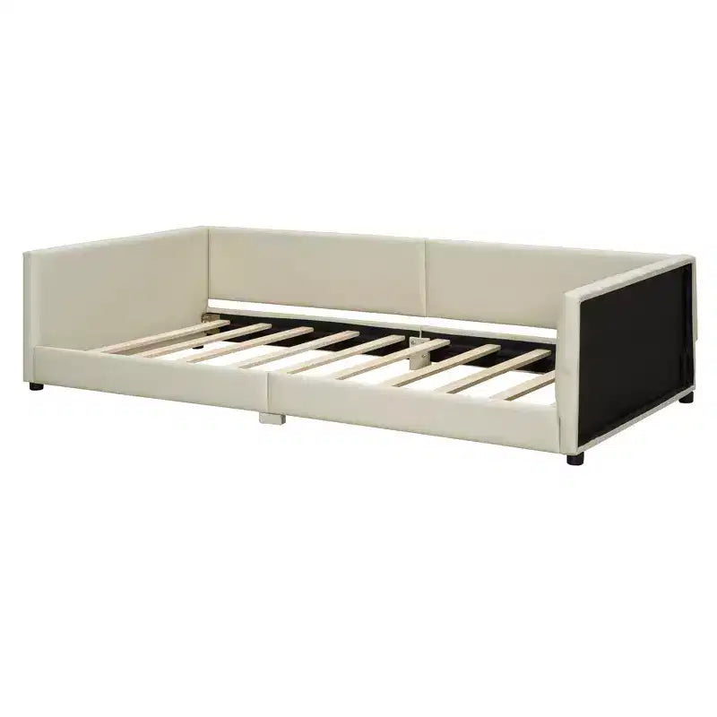 Wooden Mother & Child Bed Frame Queen and Twin XL Size Daybed, PU Leather Upholstered Grounded Platform Bed