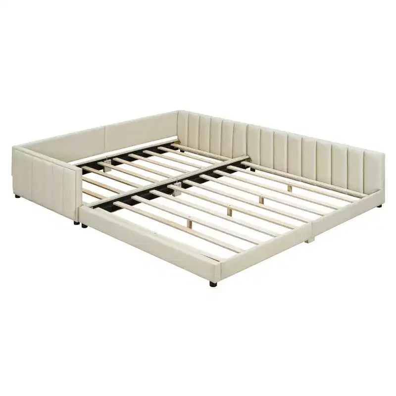 Wooden Mother & Child Bed Frame Queen and Twin XL Size Daybed, PU Leather Upholstered Grounded Platform Bed