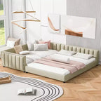 Wooden Mother & Child Bed Frame Queen and Twin XL Size Daybed, PU Leather Upholstered Grounded Platform Bed