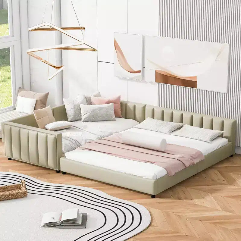 Wooden Mother & Child Bed Frame Queen and Twin XL Size Daybed, PU Leather Upholstered Grounded Platform Bed