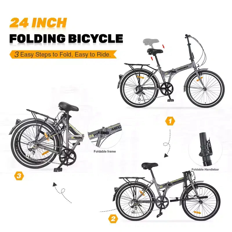 Bicicletta Pieghevole Okak 24IN con 7 Velocità e Telaio in Acciaio, Biciclette Cruiser con Portapacchi Posteriore e Parafango, Bici per Adulti per Viaggi e Pendolarismo