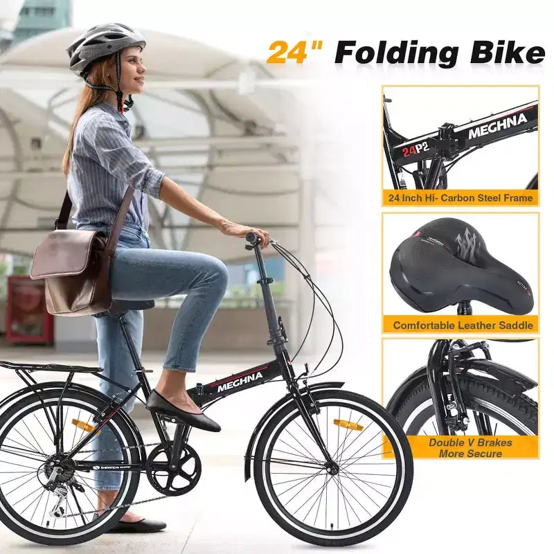 Bicicletta Pieghevole Okak 24IN con 7 Velocità e Telaio in Acciaio, Biciclette Cruiser con Portapacchi Posteriore e Parafango, Bici per Adulti per Viaggi e Pendolarismo