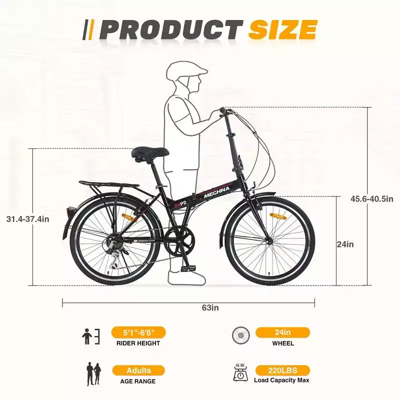 Bicicletta Pieghevole Okak 24IN con 7 Velocità e Telaio in Acciaio, Biciclette Cruiser con Portapacchi Posteriore e Parafango, Bici per Adulti per Viaggi e Pendolarismo