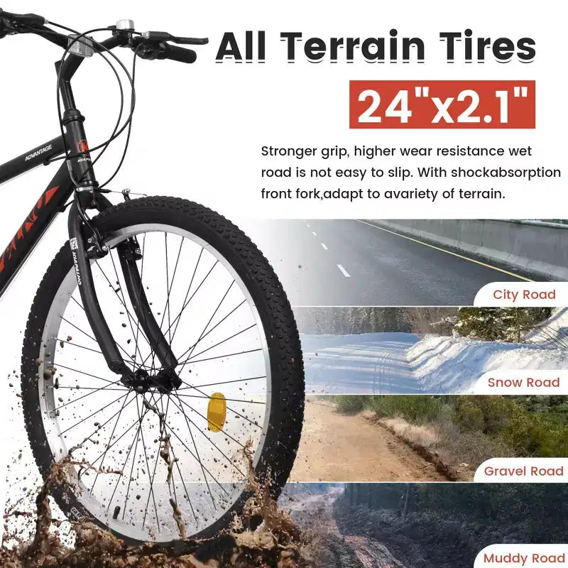 Okak 24IN Carbon Steel Frame Mountain Bike, 21-Speed Kids Bike with Dual V-Brake and Ergonomic Saddle, Bicycle for Commuting, Travel