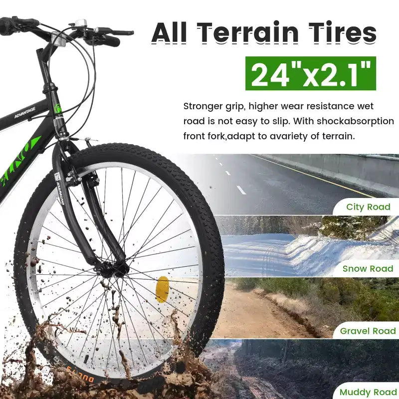 Okak 24IN Carbon Steel Frame Mountain Bike, 21-Speed Kids Bike with Dual V-Brake and Ergonomic Saddle, Bicycle for Commuting, Travel