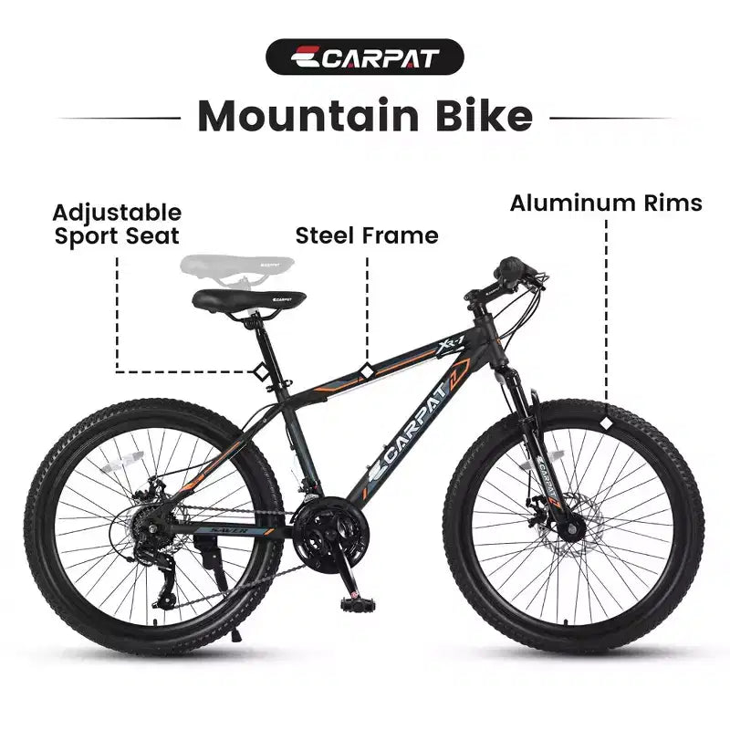 Okak 24IN Mountain Bike with Steel Frame, Kids Bike with Shimano 21 Speed, Daul Disc Brakes and Front Suspension, Bicycle for Teens