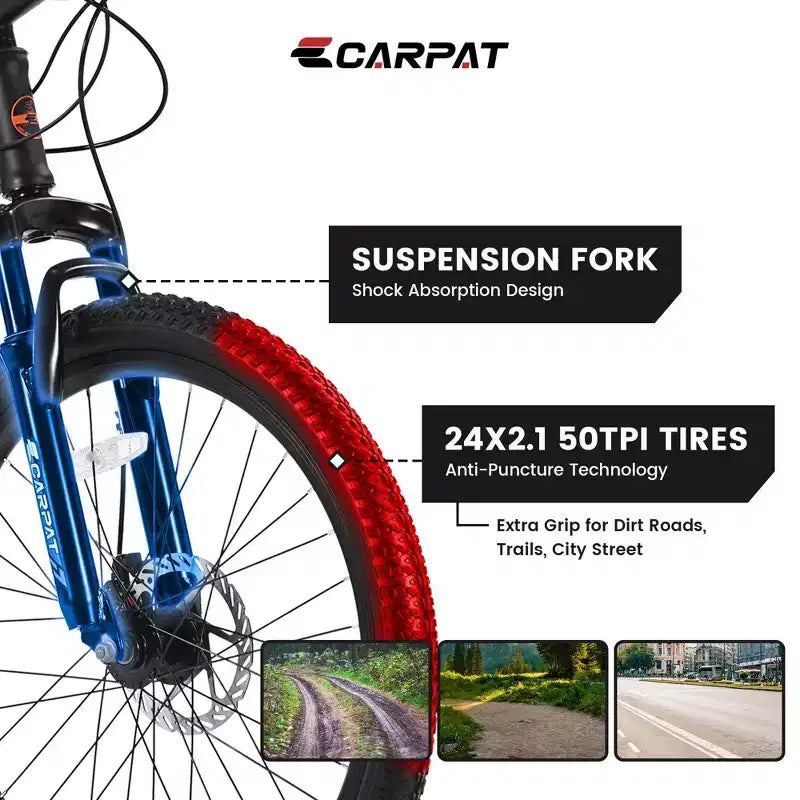 Okak 24IN Mountain Bike with Steel Frame, Kids Bike with Shimano 21 Speed, Daul Disc Brakes and Front Suspension, Bicycle for Teens