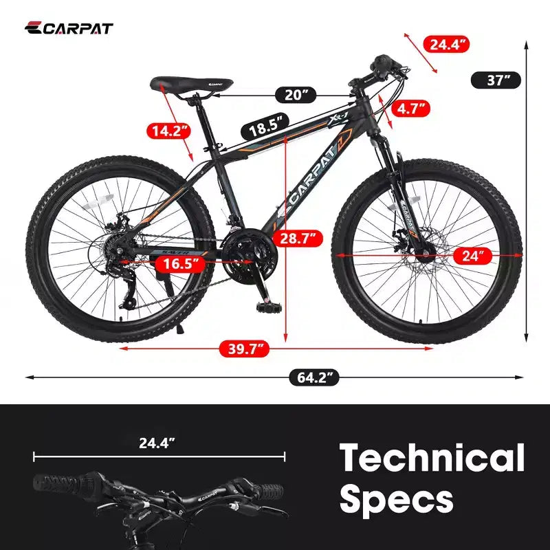 Okak 24IN Mountain Bike with Steel Frame, Kids Bike with Shimano 21 Speed, Daul Disc Brakes and Front Suspension, Bicycle for Teens