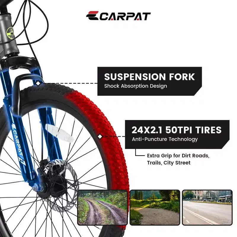 Okak 24IN Mountain Bike with Steel Frame, Kids Bike with Shimano 21 Speed, Daul Disc Brakes and Front Suspension, Bicycle for Teens