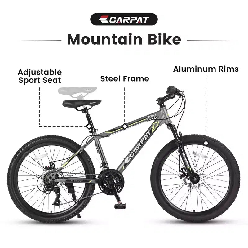 Okak 24IN Mountain Bike with Steel Frame, Kids Bike with Shimano 21 Speed, Daul Disc Brakes and Front Suspension, Bicycle for Teens