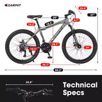 Okak 24IN Mountain Bike with Steel Frame, Kids Bike with Shimano 21 Speed, Daul Disc Brakes and Front Suspension, Bicycle for Teens