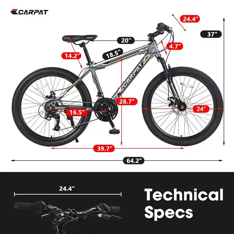 Okak 24IN Mountain Bike with Steel Frame, Kids Bike with Shimano 21 Speed, Daul Disc Brakes and Front Suspension, Bicycle for Teens