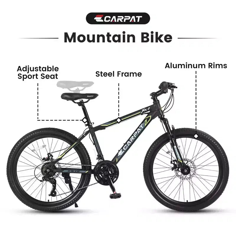 Okak 24IN Mountain Bike with Steel Frame, Kids Bike with Shimano 21 Speed, Daul Disc Brakes and Front Suspension, Bicycle for Teens