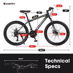 Okak 24IN Mountain Bike with Steel Frame, Kids Bike with Shimano 21 Speed, Daul Disc Brakes and Front Suspension, Bicycle for Teens