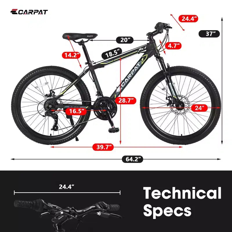 Okak 24IN Mountain Bike with Steel Frame, Kids Bike with Shimano 21 Speed, Daul Disc Brakes and Front Suspension, Bicycle for Teens