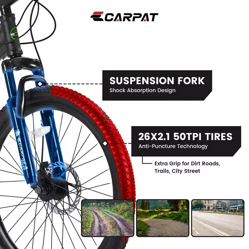 Mountain bike Okak 26" con 21 velocità e freni a disco, bici da cross per ragazzi con telaio in acciaio ad alto tenore di carbonio, bici da uomo per adulti e adolescenti