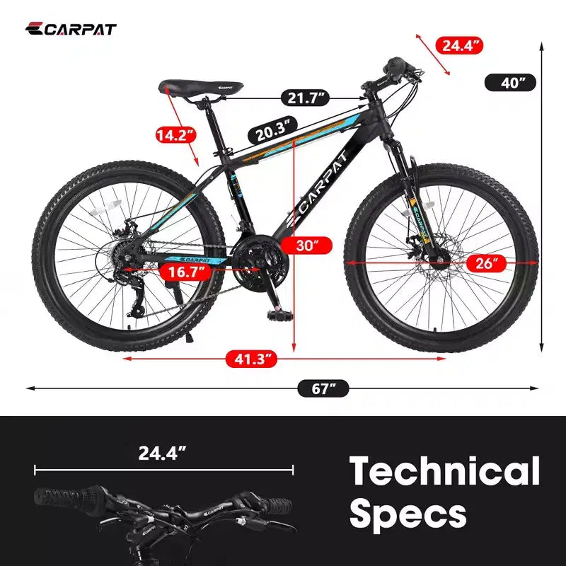 Mountain bike Okak 26" con 21 velocità e freni a disco, bici da cross per ragazzi con telaio in acciaio ad alto tenore di carbonio, bici da uomo per adulti e adolescenti