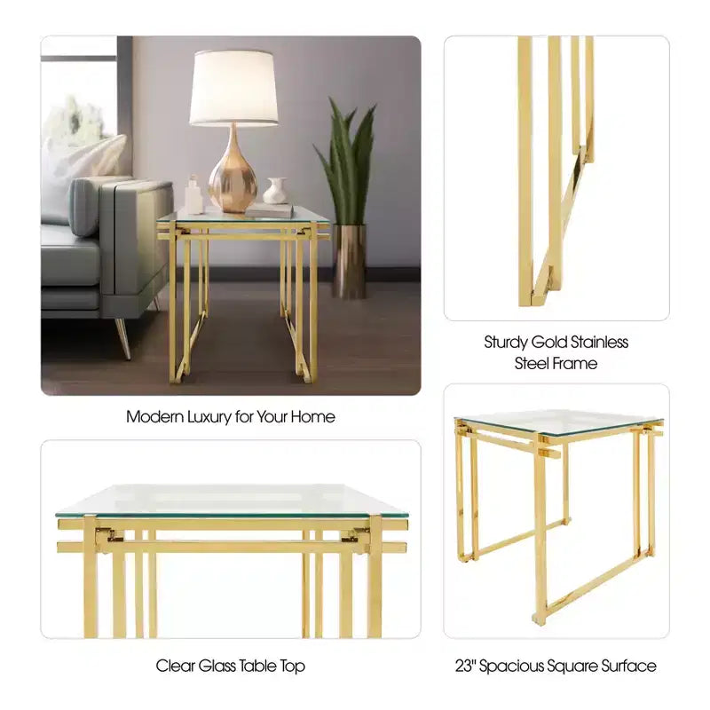 Tavolino Moderno con Piano in Vetro, Struttura in Metallo - Elegante Tavolino Quadrato per Soggiorno, Camera da Letto, Ufficio - Tavolino d'Appoggio per Arredamento Casa - Oro 24
