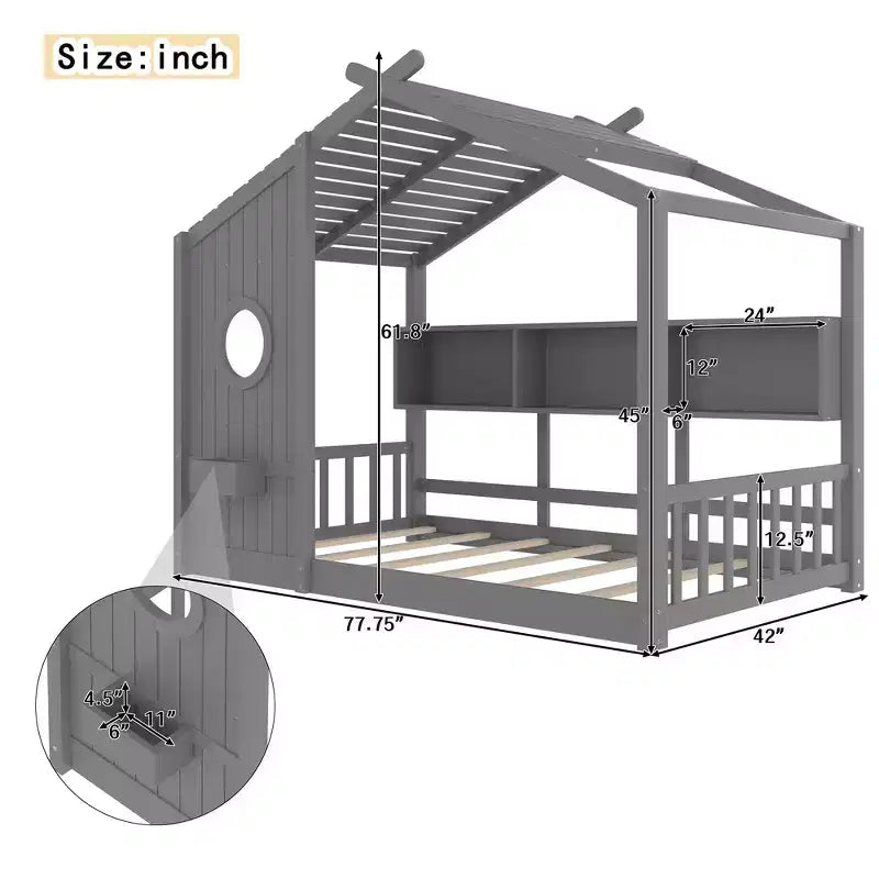 Whisen Twin Size Floor House Bed & Kids Montessori Bed, Playhouse Bed with Storage Shelf, Roof Design