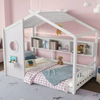 Whisen Twin Size Floor House Bed & Kids Montessori Bed, Playhouse Bed with Storage Shelf, Roof Design