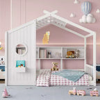 Whisen Twin Size Floor House Bed & Kids Montessori Bed, Playhouse Bed with Storage Shelf, Roof Design