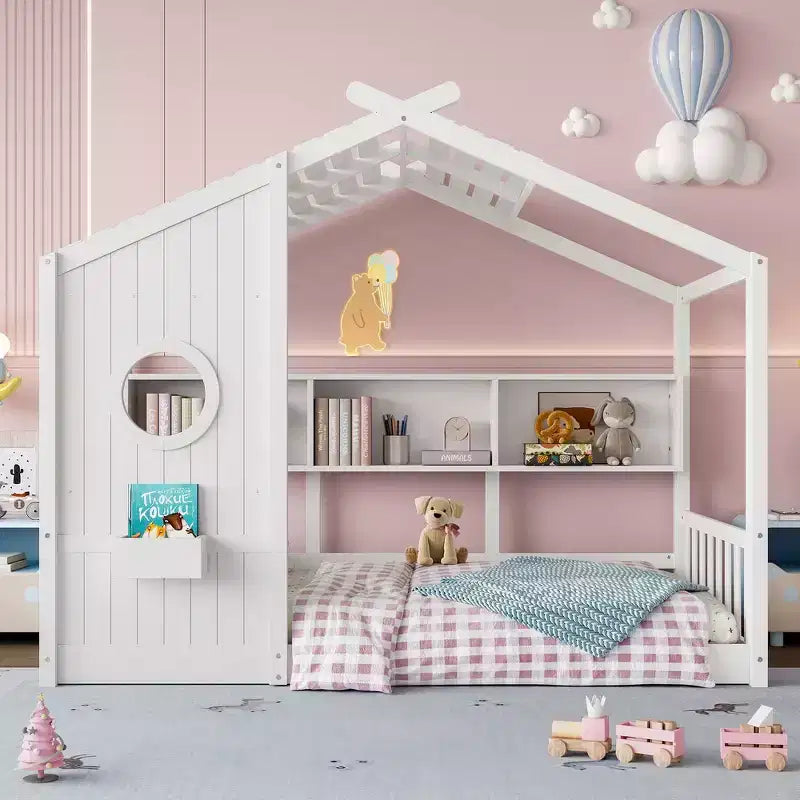 Whisen Twin Size Floor House Bed & Kids Montessori Bed, Playhouse Bed with Storage Shelf, Roof Design