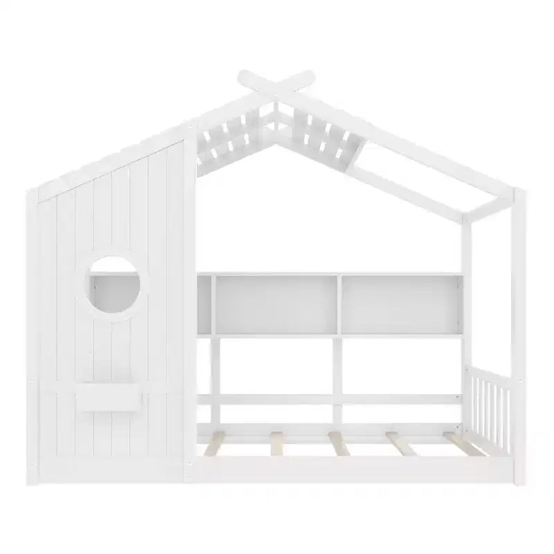 Whisen Twin Size Floor House Bed & Kids Montessori Bed, Playhouse Bed with Storage Shelf, Roof Design