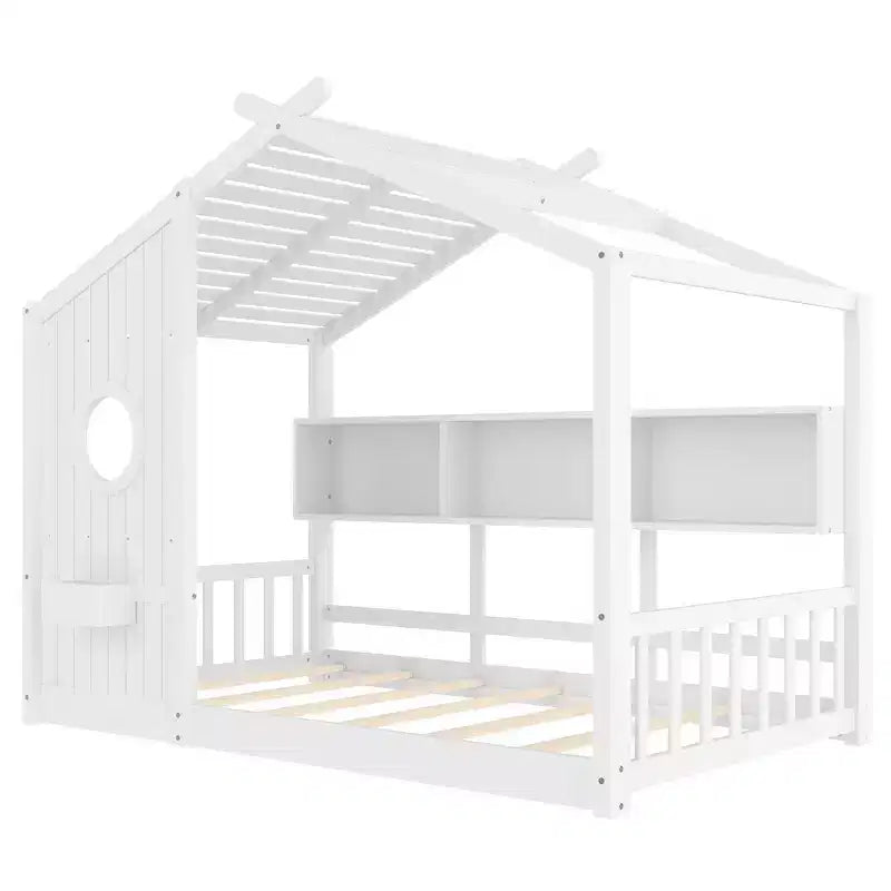 Whisen Twin Size Floor House Bed & Kids Montessori Bed, Playhouse Bed with Storage Shelf, Roof Design