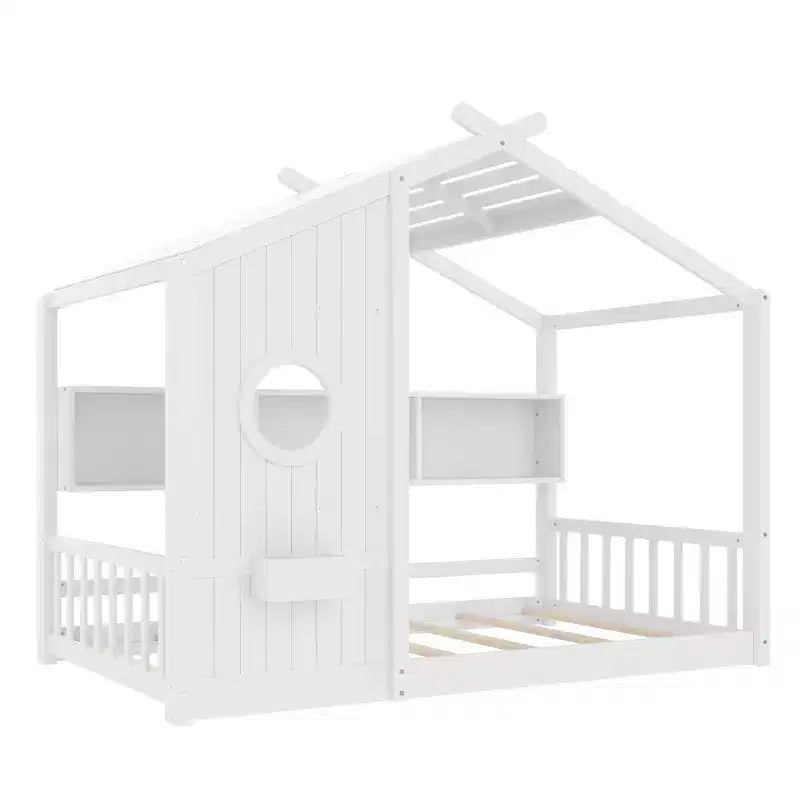 Whisen Twin Size Floor House Bed & Kids Montessori Bed, Playhouse Bed with Storage Shelf, Roof Design