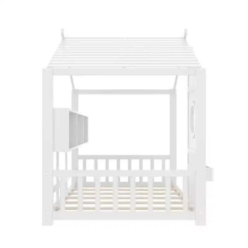 Whisen Twin Size Floor House Bed & Kids Montessori Bed, Playhouse Bed with Storage Shelf, Roof Design