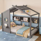 Whisen Twin Size Floor House Bed & Kids Montessori Bed, Playhouse Bed with Storage Shelf, Roof Design