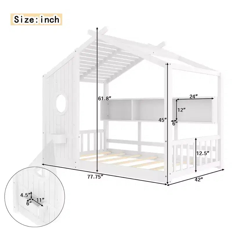 Whisen Twin Size Floor House Bed & Kids Montessori Bed, Playhouse Bed with Storage Shelf, Roof Design