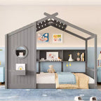 Whisen Twin Size Floor House Bed & Kids Montessori Bed, Playhouse Bed with Storage Shelf, Roof Design