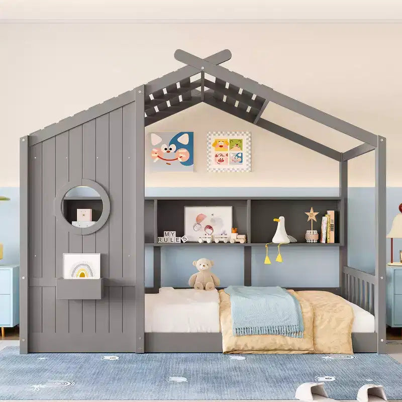 Whisen Twin Size Floor House Bed & Kids Montessori Bed, Playhouse Bed with Storage Shelf, Roof Design