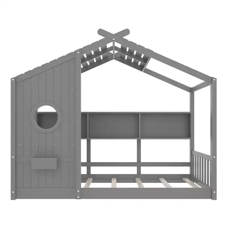 Whisen Twin Size Floor House Bed & Kids Montessori Bed, Playhouse Bed with Storage Shelf, Roof Design