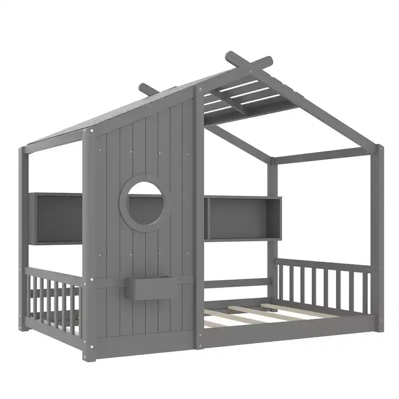 Whisen Twin Size Floor House Bed & Kids Montessori Bed, Playhouse Bed with Storage Shelf, Roof Design