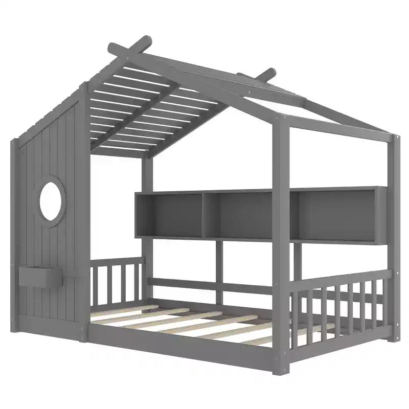 Whisen Twin Size Floor House Bed & Kids Montessori Bed, Playhouse Bed with Storage Shelf, Roof Design