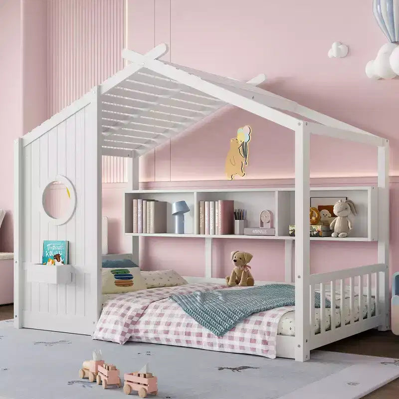 Whisen Twin Size Floor House Bed & Kids Montessori Bed, Playhouse Bed with Storage Shelf, Roof Design