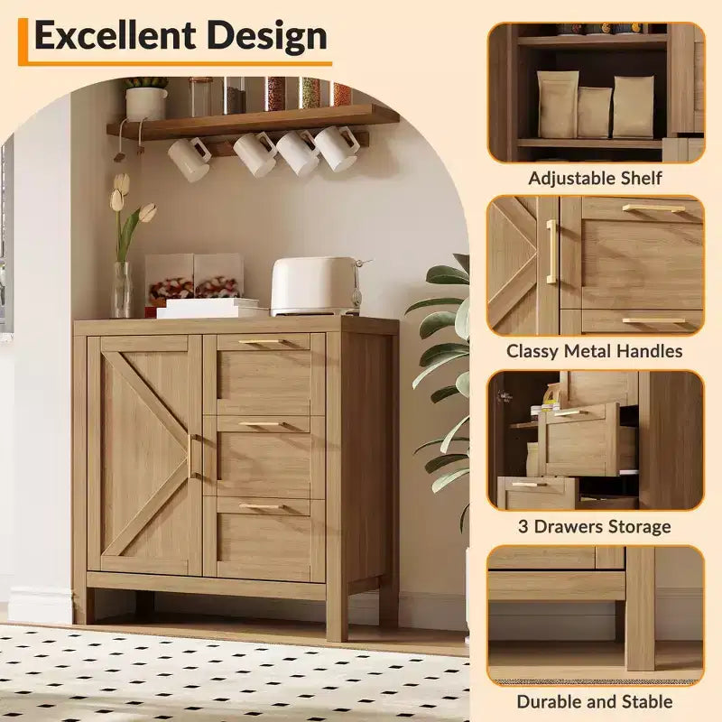 A sideboard with storage, made of wood, featuring 3 drawers and 1 cabinet, adjustable shelves, and wooden legs. Suitable for living rooms.