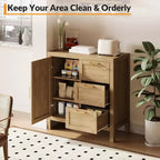 A sideboard with storage, made of wood, featuring 3 drawers and 1 cabinet, adjustable shelves, and wooden legs. Suitable for living rooms.