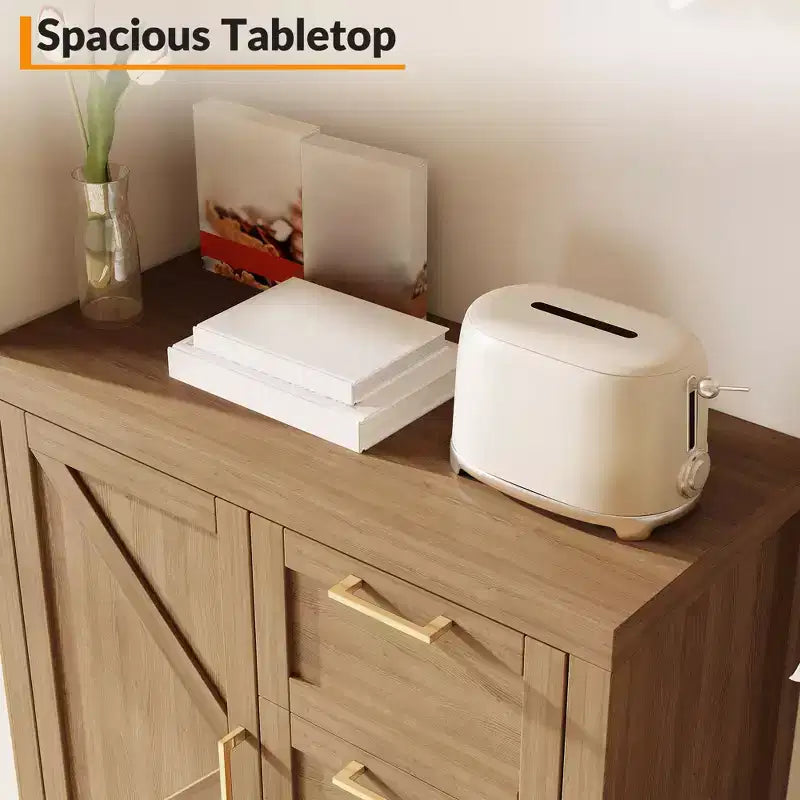 A sideboard with storage, made of wood, featuring 3 drawers and 1 cabinet, adjustable shelves, and wooden legs. Suitable for living rooms.