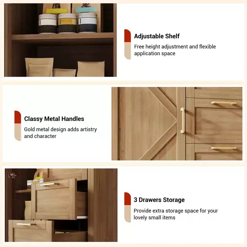 A sideboard with storage, made of wood, featuring 3 drawers and 1 cabinet, adjustable shelves, and wooden legs. Suitable for living rooms.