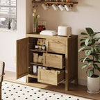 A sideboard with storage, made of wood, featuring 3 drawers and 1 cabinet, adjustable shelves, and wooden legs. Suitable for living rooms.