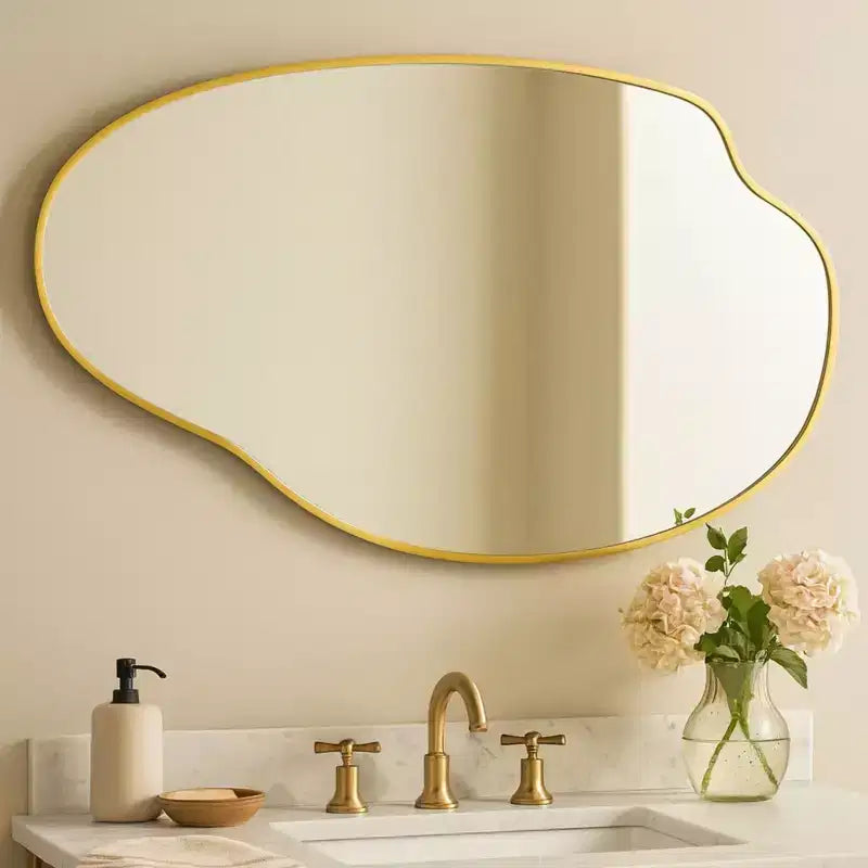 Vallia Brushed Gold Asymmetrical Irregular Wall Mirror ,22''x 34'' Unique Brass Frame Wall Mounted Mirror for Bathroom,Entryway,Nursery