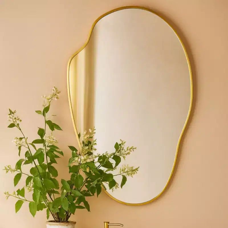 Vallia Brushed Gold Asymmetrical Irregular Wall Mirror ,22''x 34'' Unique Brass Frame Wall Mounted Mirror for Bathroom,Entryway,Nursery