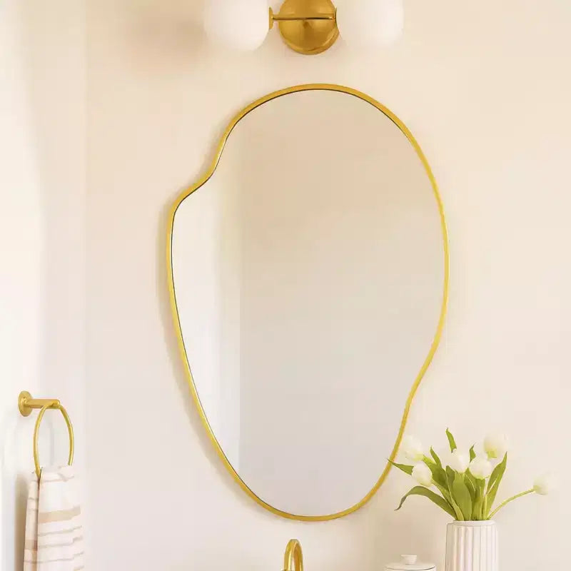 Vallia Brushed Gold Asymmetrical Irregular Wall Mirror ,22''x 34'' Unique Brass Frame Wall Mounted Mirror for Bathroom,Entryway,Nursery