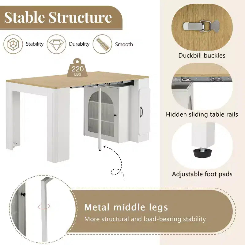 GDFStudio David Extendable Dining Table with 3 Removable Leaves and Space-Saving Storage Cabinet